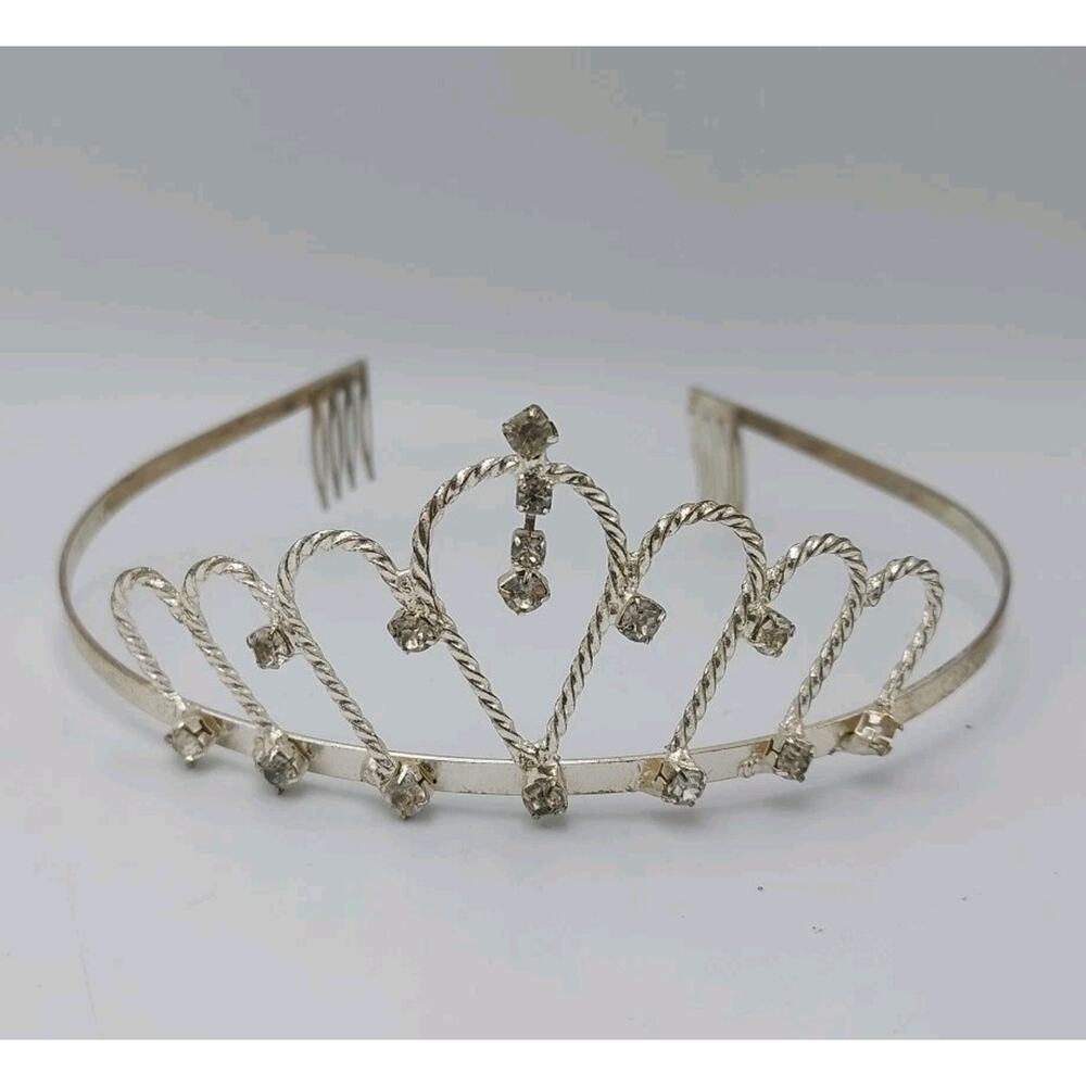 Vtg Silver Princess Cut Drop Rhinestone Crown Tiara Bridal Pageant Formal Prom